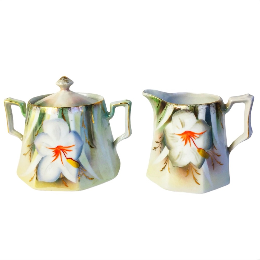 VTG Hand Painted Bavarian Art Deco Sugar Bowl & Creamer Set